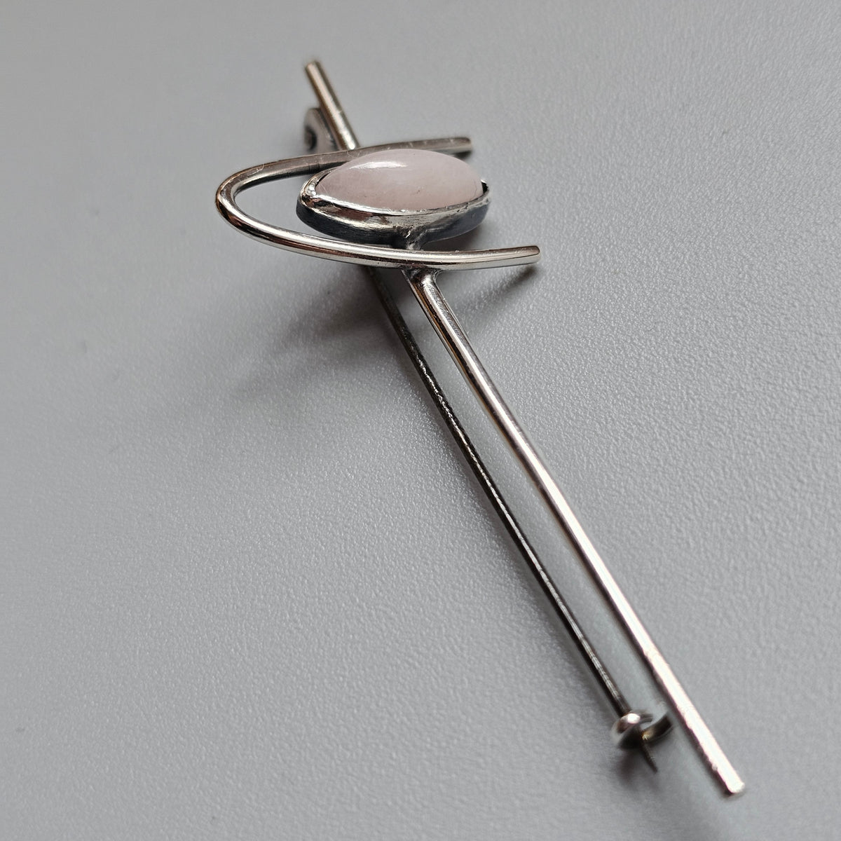 Vintage 1960s Holger Lindström Finnish Silver Rose Quartz Bar Brooch 1969