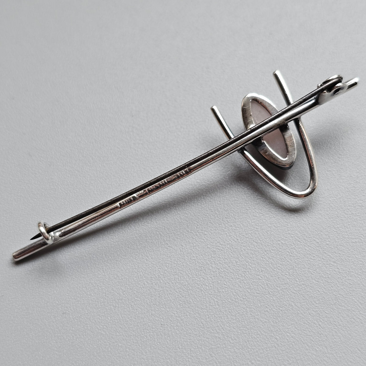 Vintage 1960s Holger Lindström Finnish Silver Rose Quartz Bar Brooch 1969