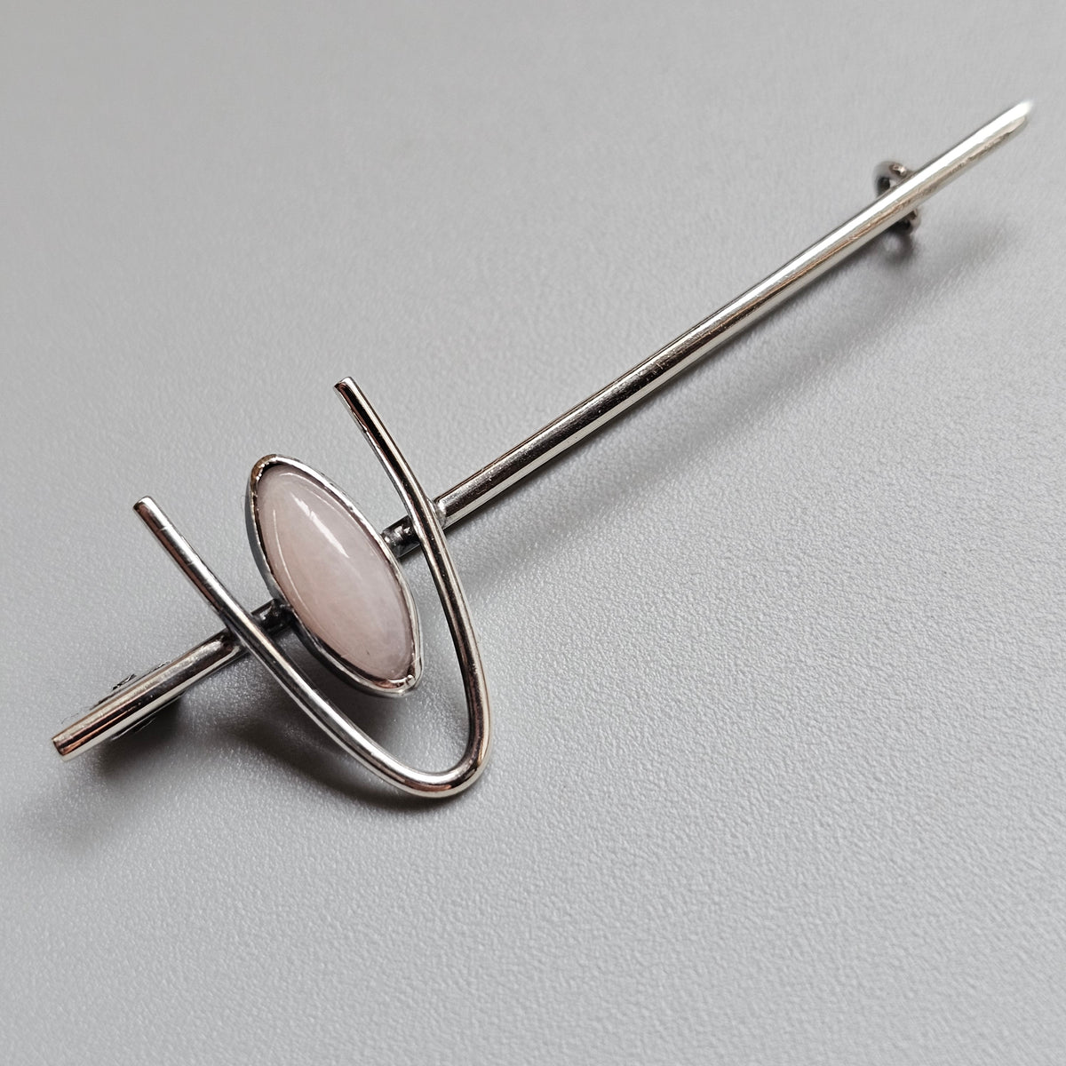Vintage 1960s Holger Lindström Finnish Silver Rose Quartz Bar Brooch 1969