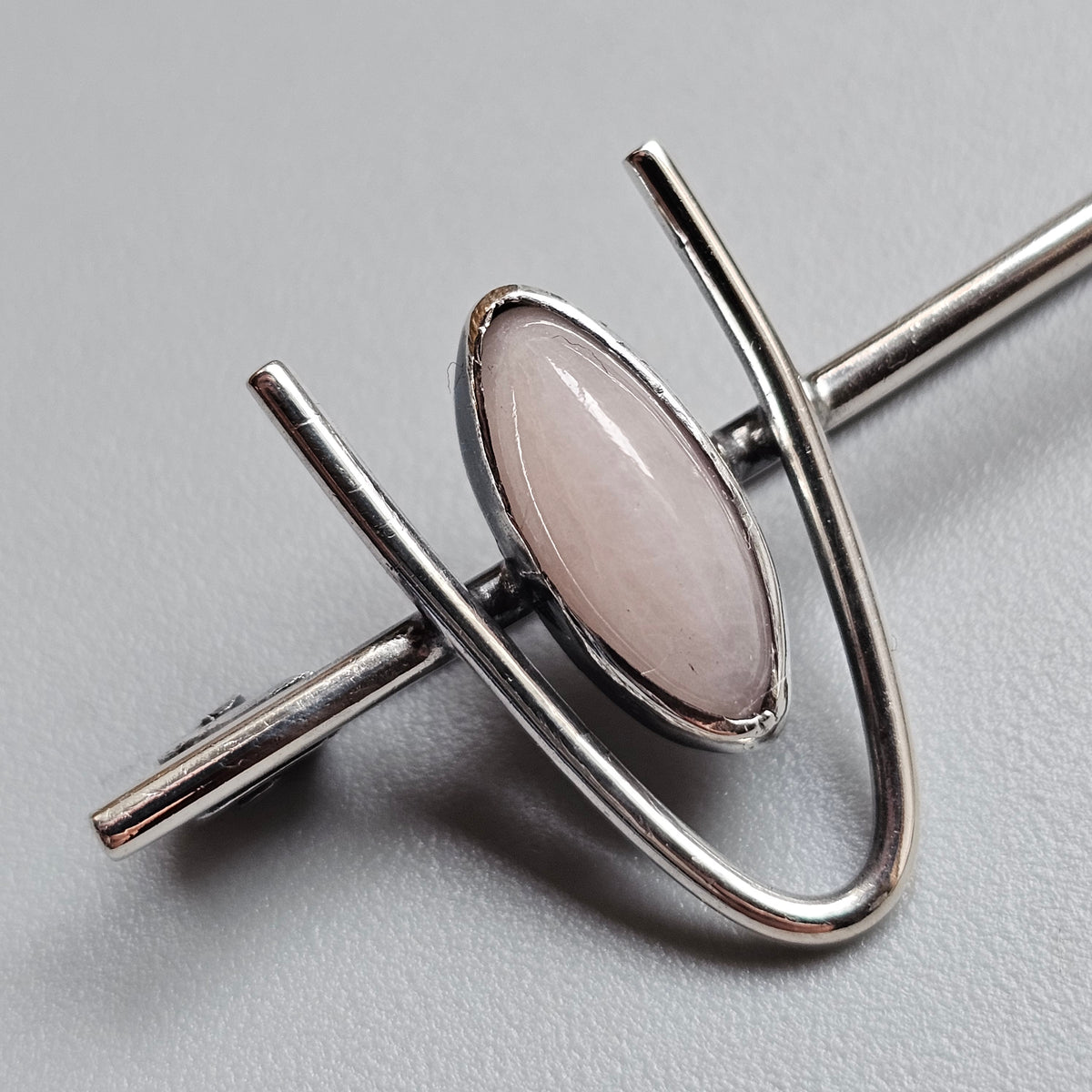 Vintage 1960s Holger Lindström Finnish Silver Rose Quartz Bar Brooch 1969