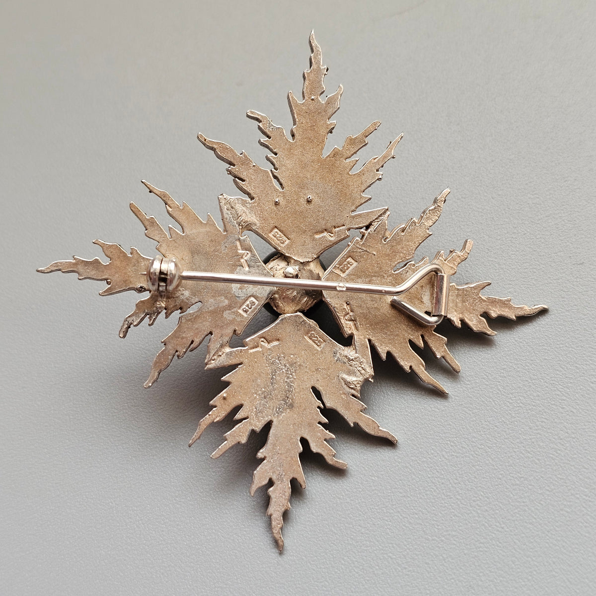 Contemporary Finnish Sterling Silver Leaf Brooch Black Stone by Nunatak