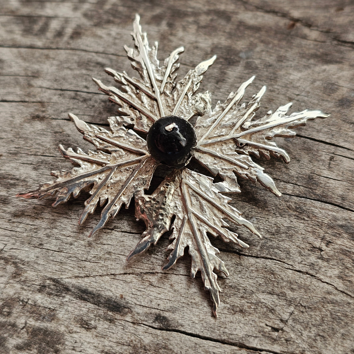 Contemporary Finnish Sterling Silver Leaf Brooch Black Stone by Nunatak