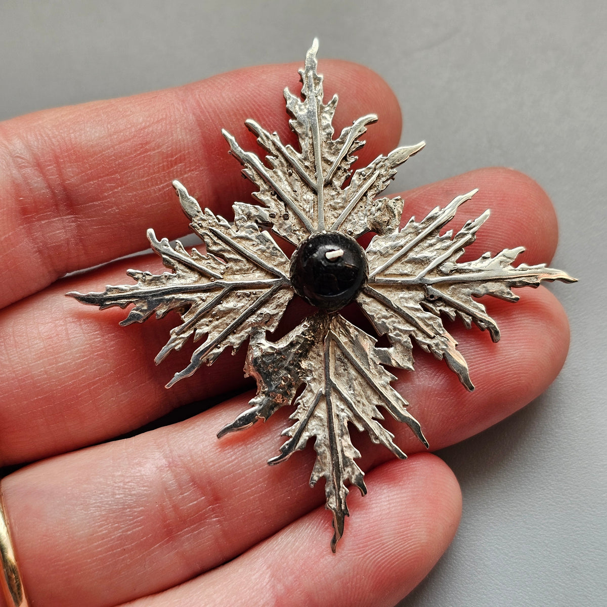Contemporary Finnish Sterling Silver Leaf Brooch Black Stone by Nunatak