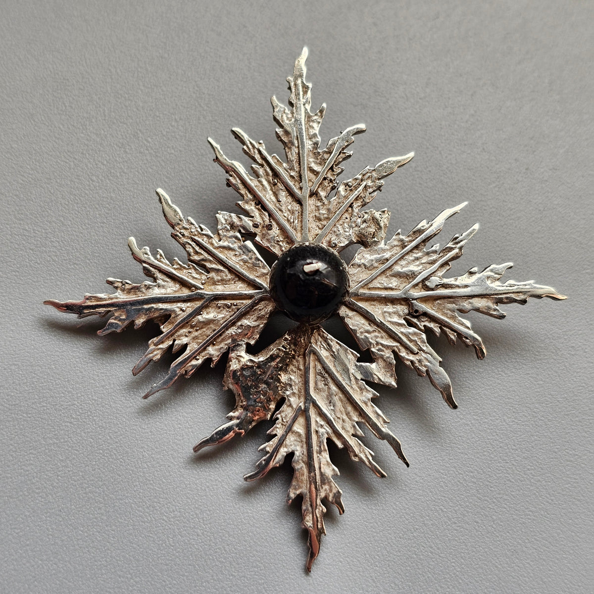 Contemporary Finnish Sterling Silver Leaf Brooch Black Stone by Nunatak