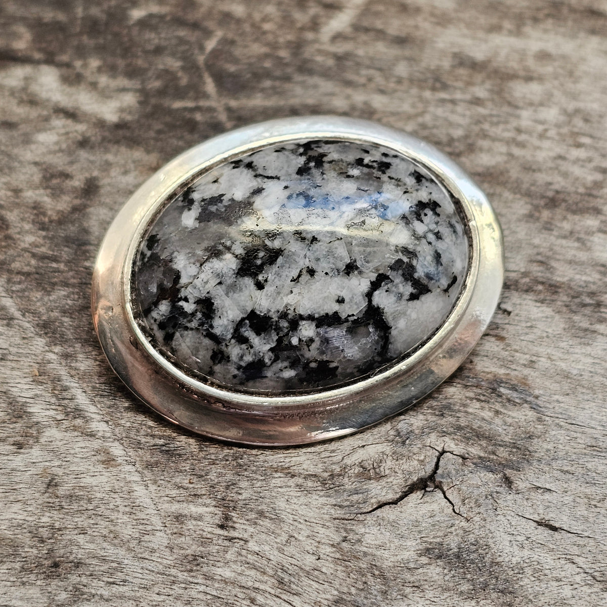 Vintage Oval Finnish Sterling Silver Grey Granite Brooch 2004
