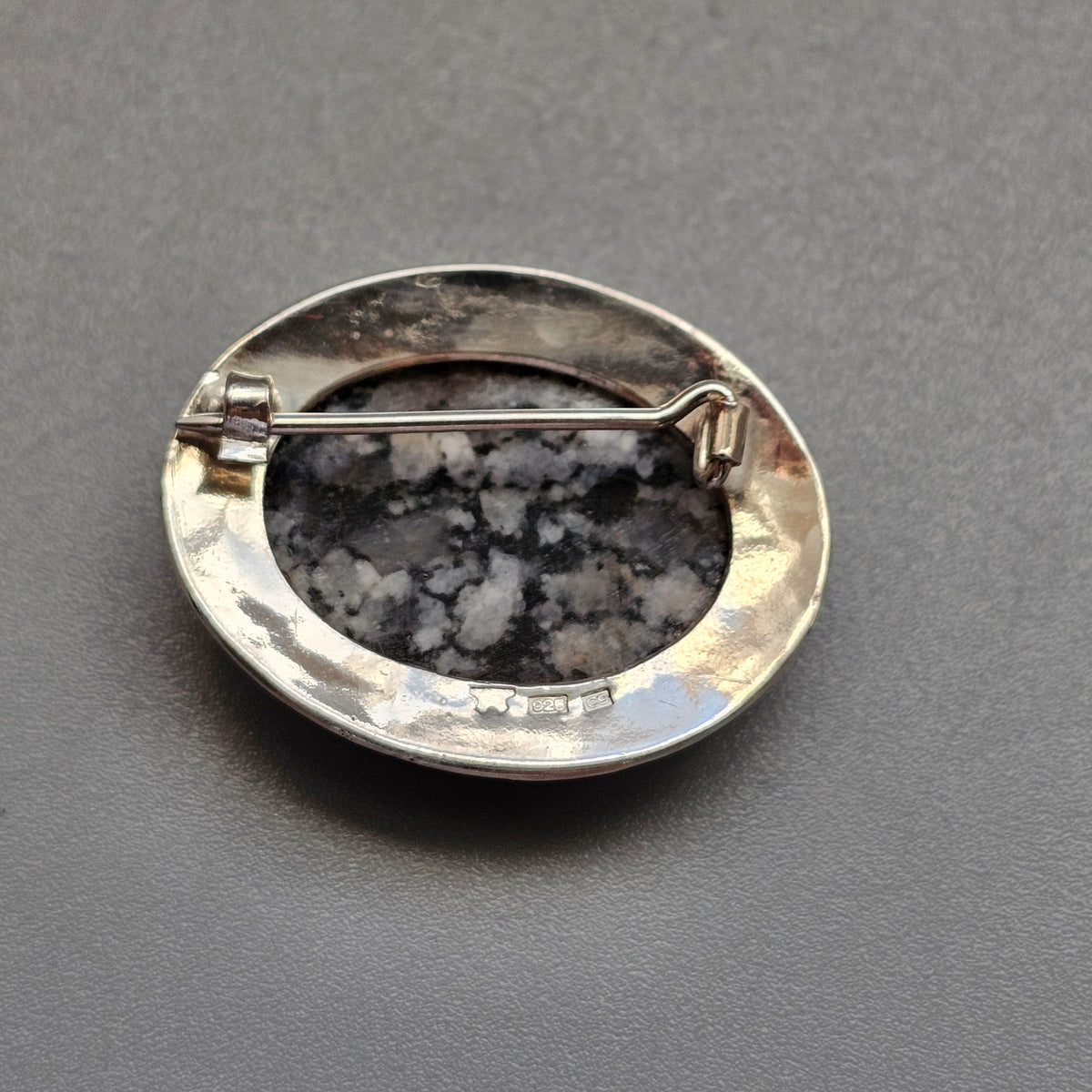 Vintage Oval Finnish Sterling Silver Grey Granite Brooch 2004