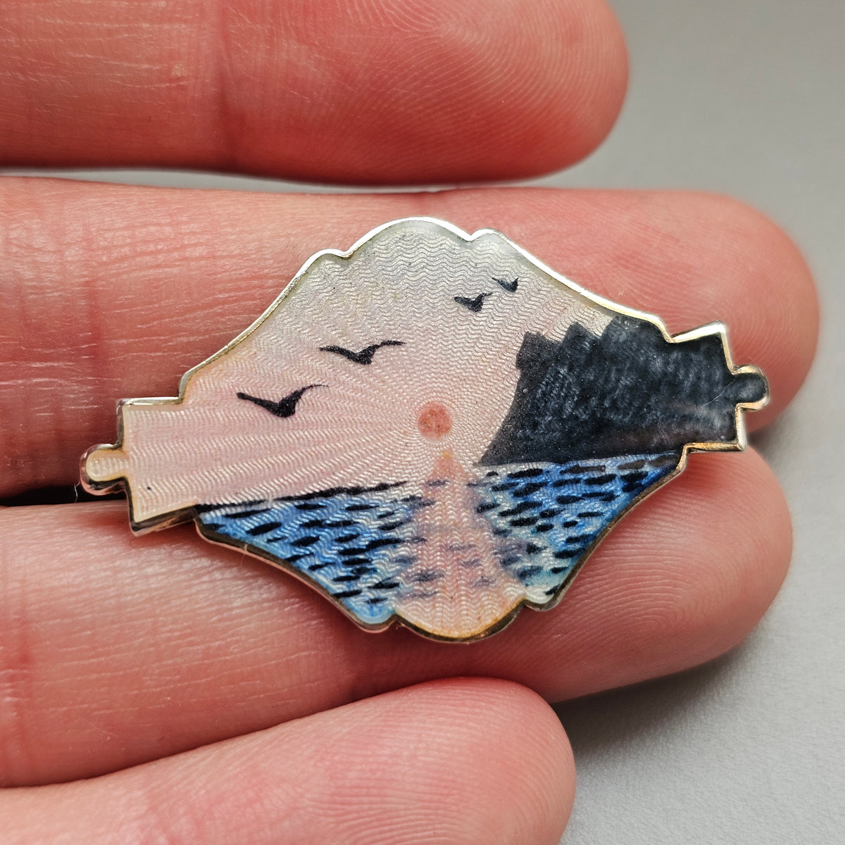 Vintage c1950s Ivar T Holth Norwegian Sterling Silver Scenic Enamel Brooch
