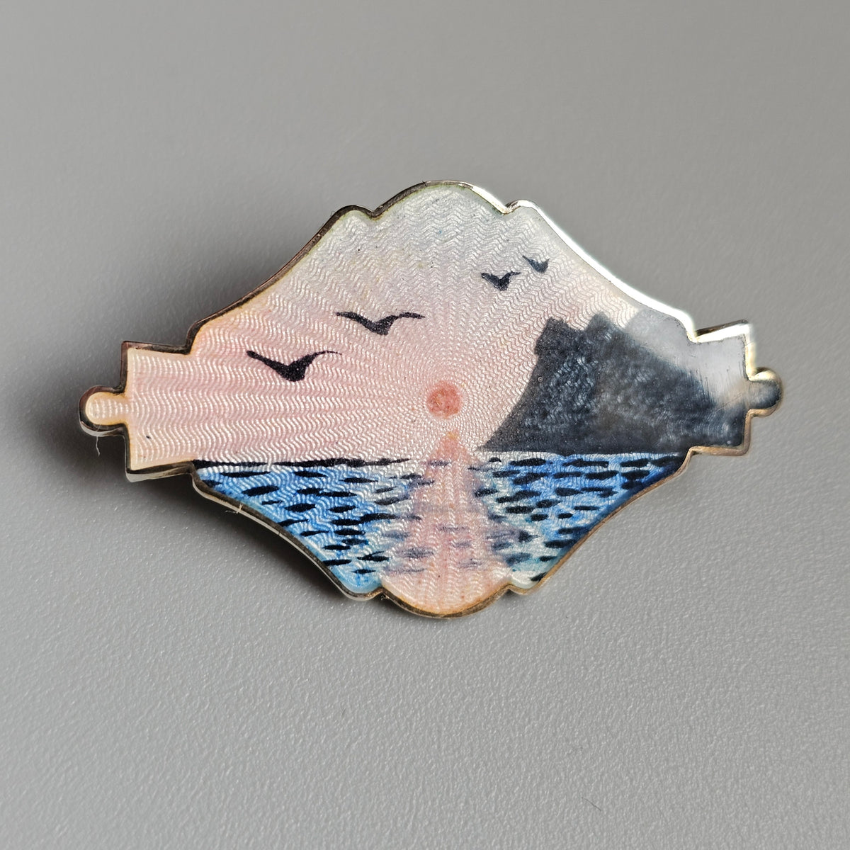 Vintage c1950s Ivar T Holth Norwegian Sterling Silver Scenic Enamel Brooch