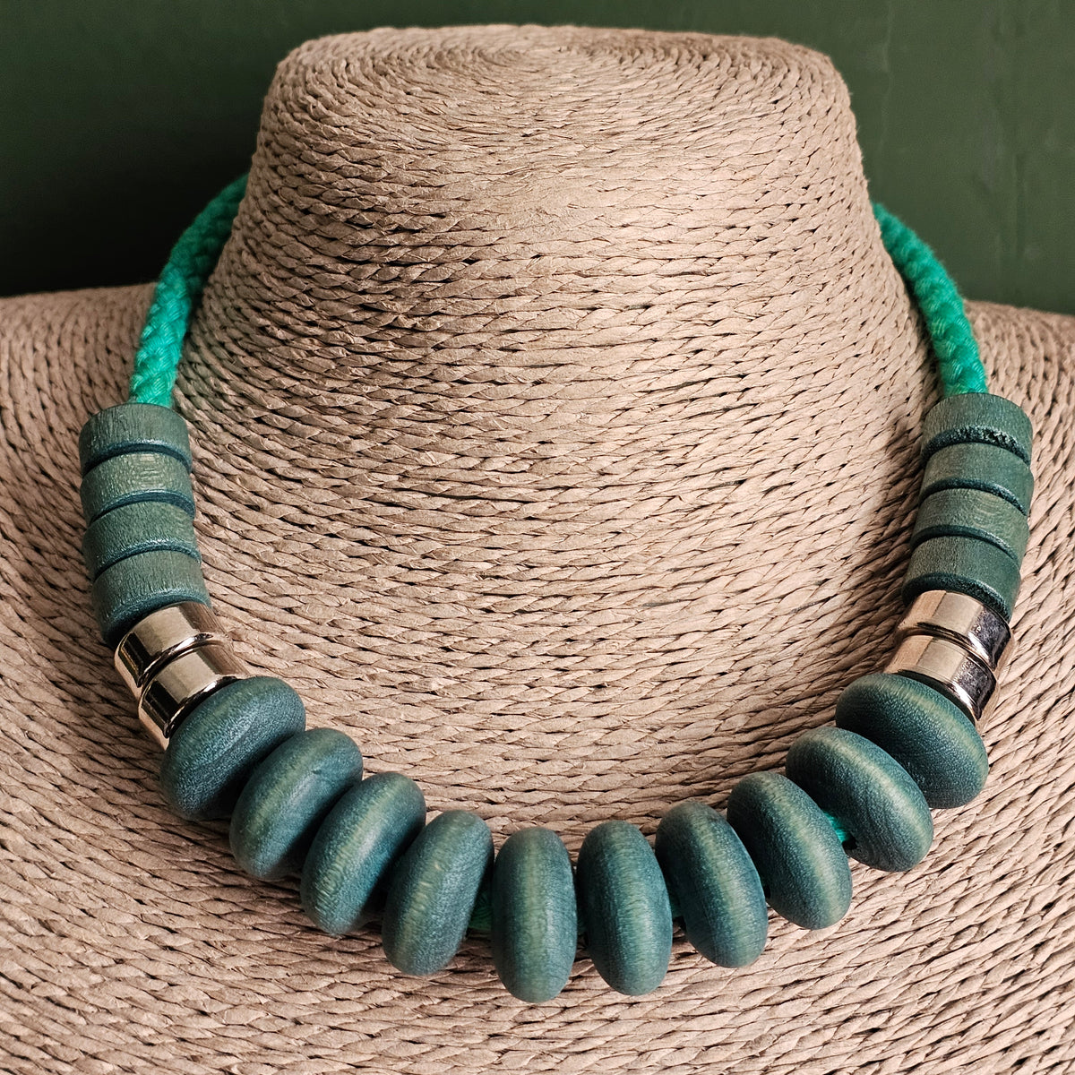 Vintage 1980s 1990s Aarikka Finland Rimini Green Wooden Beaded Necklace