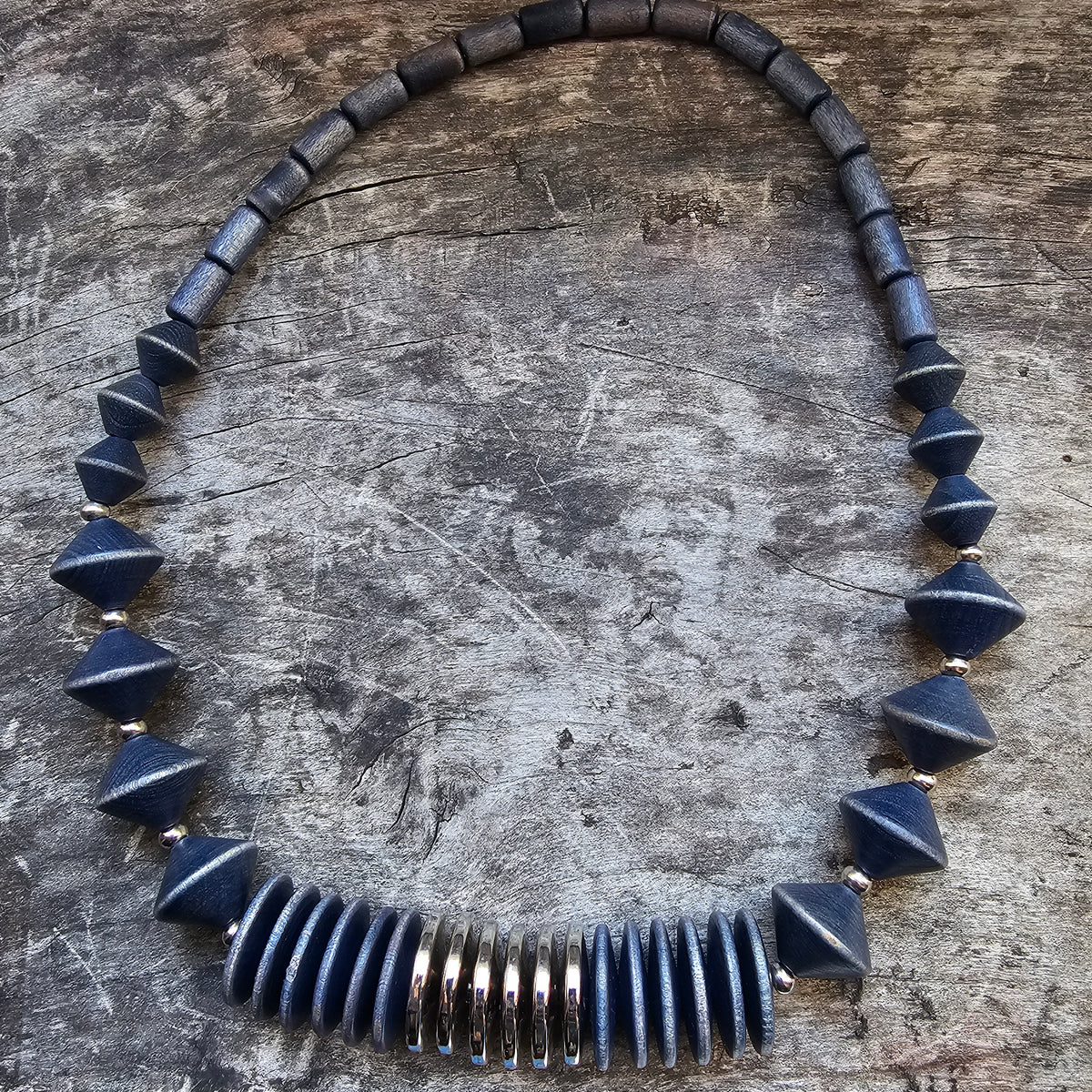 Vintage 1990s Aarikka Finland Navy Blue Wooden Beaded Necklace