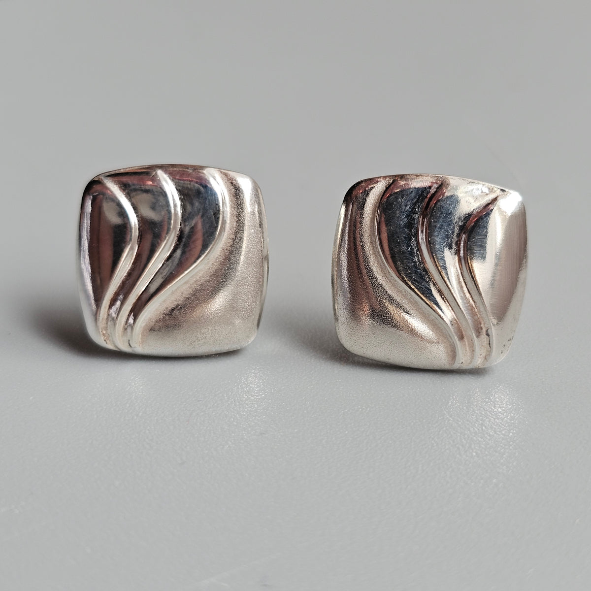 Vintage 1980s Finnfeelings Finnish Sterling Silver Modernist Stud Earrings 1989