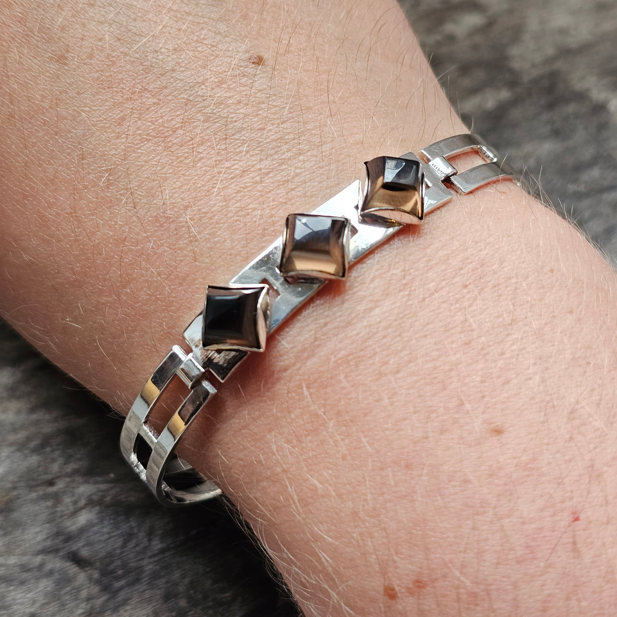 Vintage 1960s Turun Hopea Finnish Silver Smoky Quartz Modernist Bangle 1966
