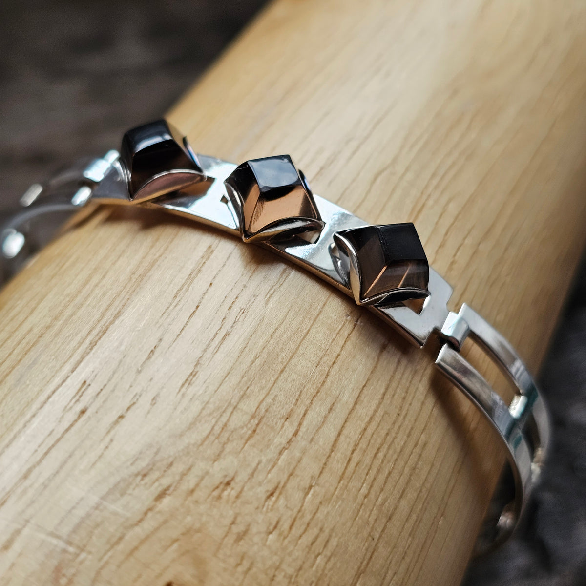 Vintage 1960s Turun Hopea Finnish Silver Smoky Quartz Modernist Bangle 1966