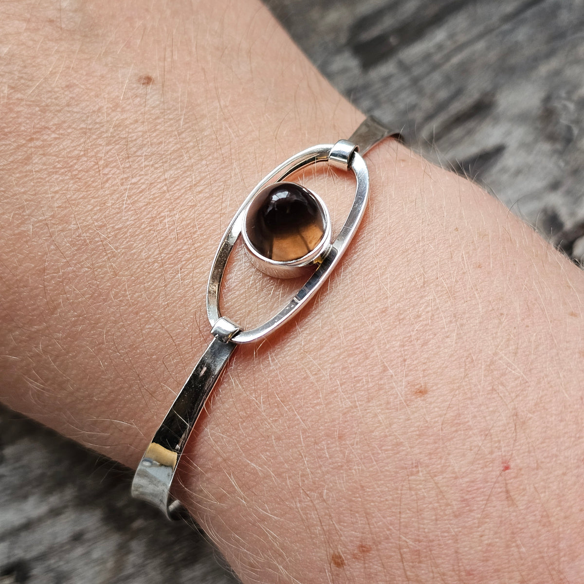 Vintage 1960s Erik Granit & Co Finnish Silver Smoky Quartz Oval Bangle 1965