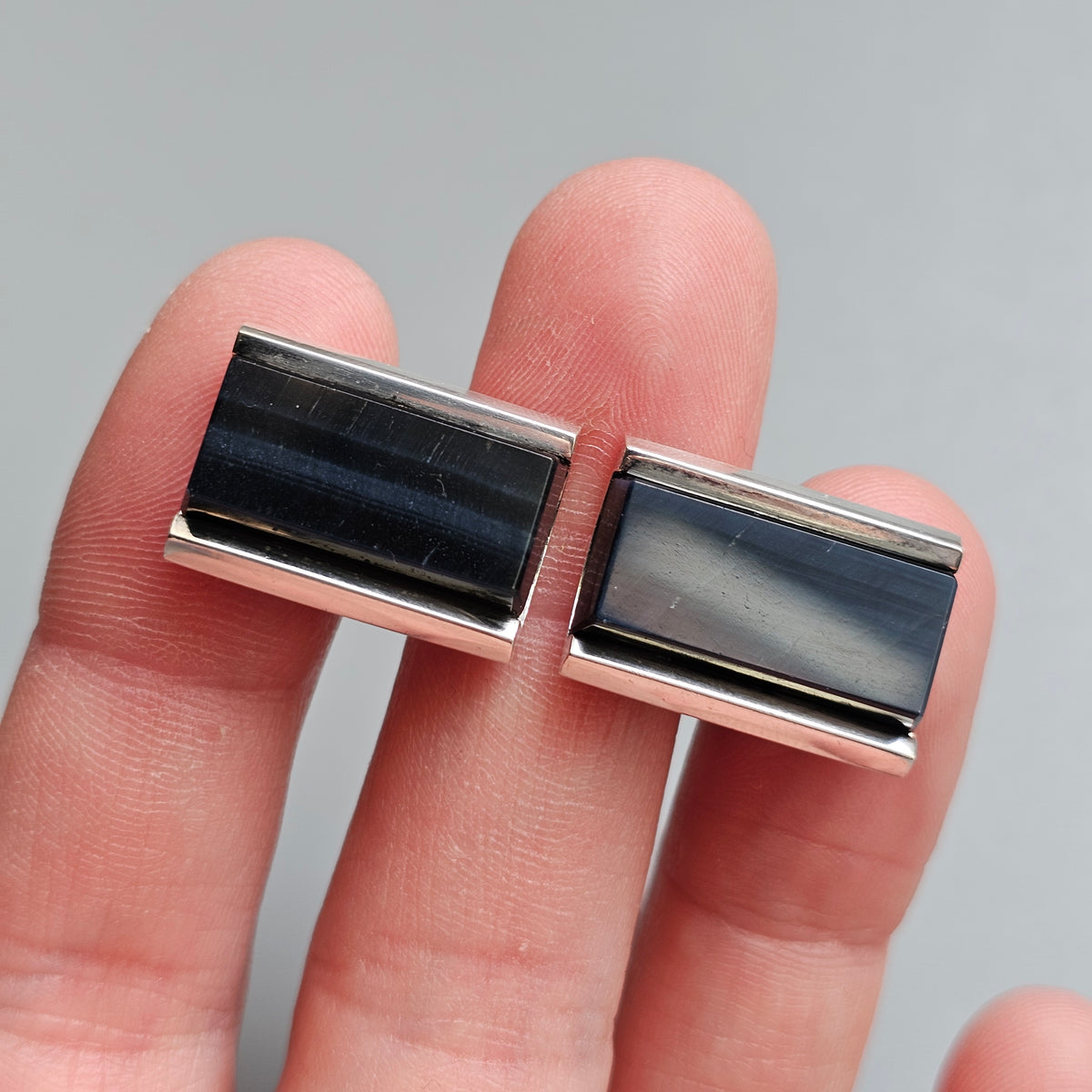 Vintage 1960s Finnish Silver Blue Tiger's Eye Cufflinks by Rauno Oma Mättö 1968