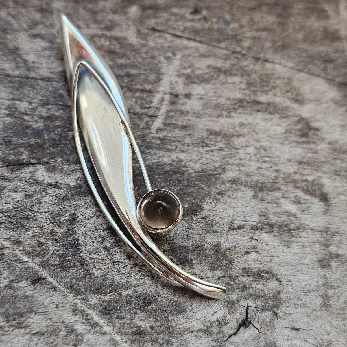Smaller Finnish 1960s Modernist Silver Smoky Quartz Flower Brooch by Elis Kauppi Kupittaan Kulta 1960