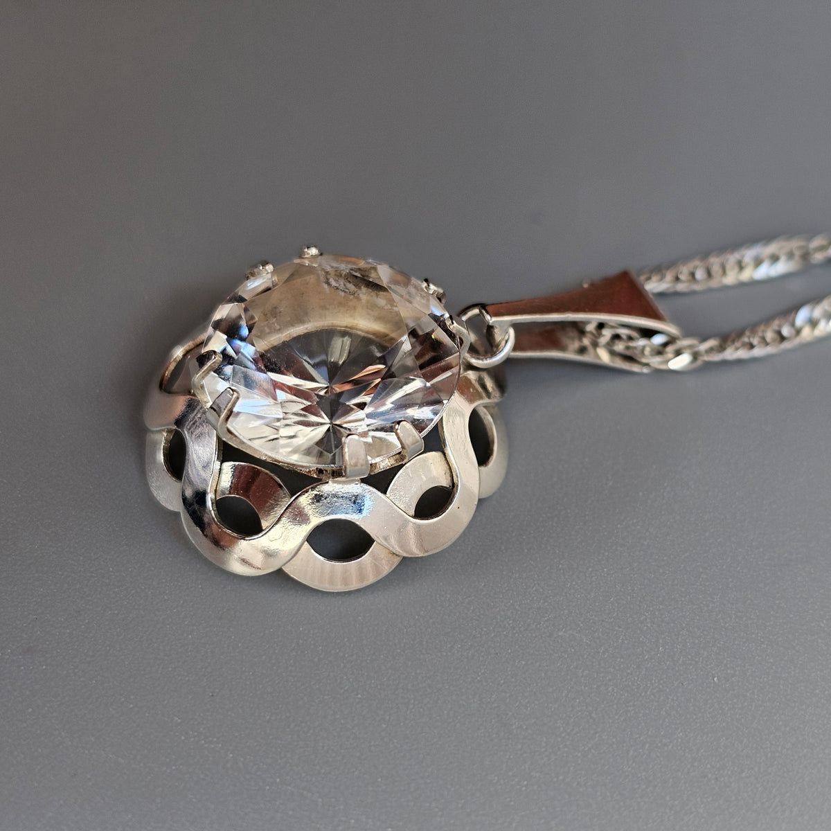 Vintage Finnish Modernist Sterling Silver Rock Crystal Necklace by Kultaseppä Salovaara