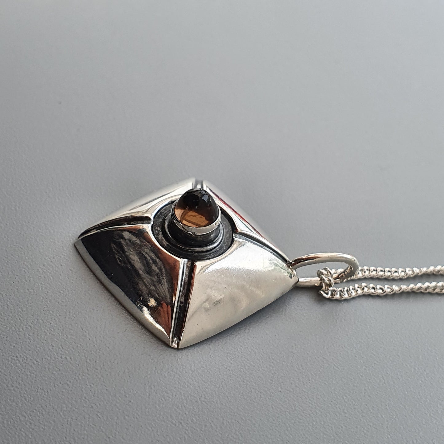 60s Finnish Modernist Silver & Smokey Quartz Necklace Pendant