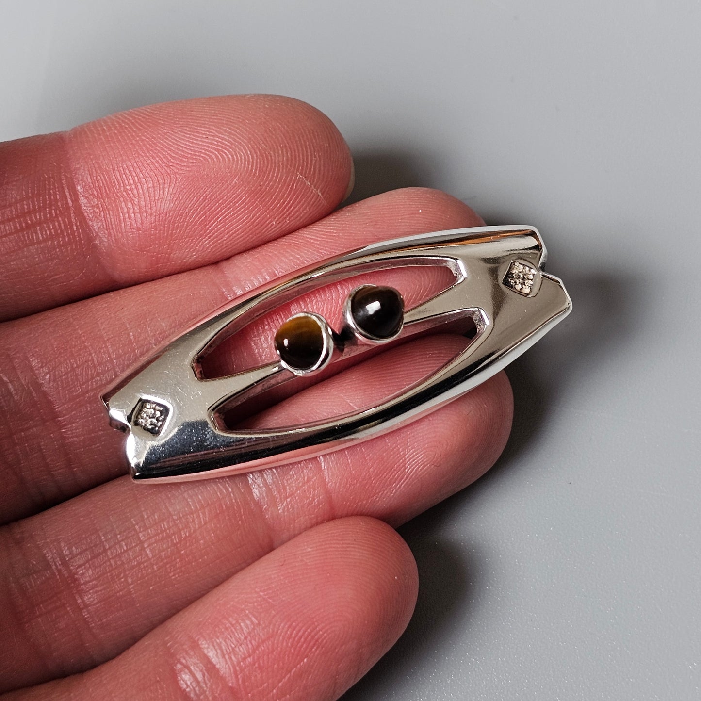 Vintage Finnish Silver & Tigers Eye Brooch Made In Finland 1960s 1970s