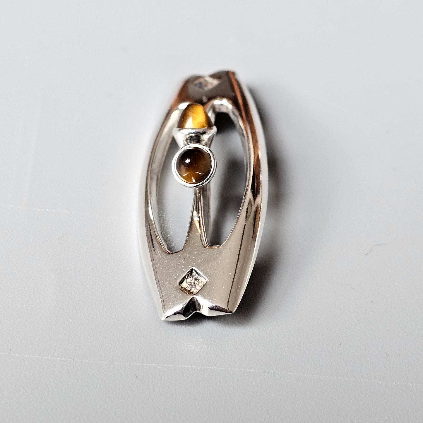Vintage Finnish Silver & Tigers Eye Brooch Made In Finland 1960s 1970s
