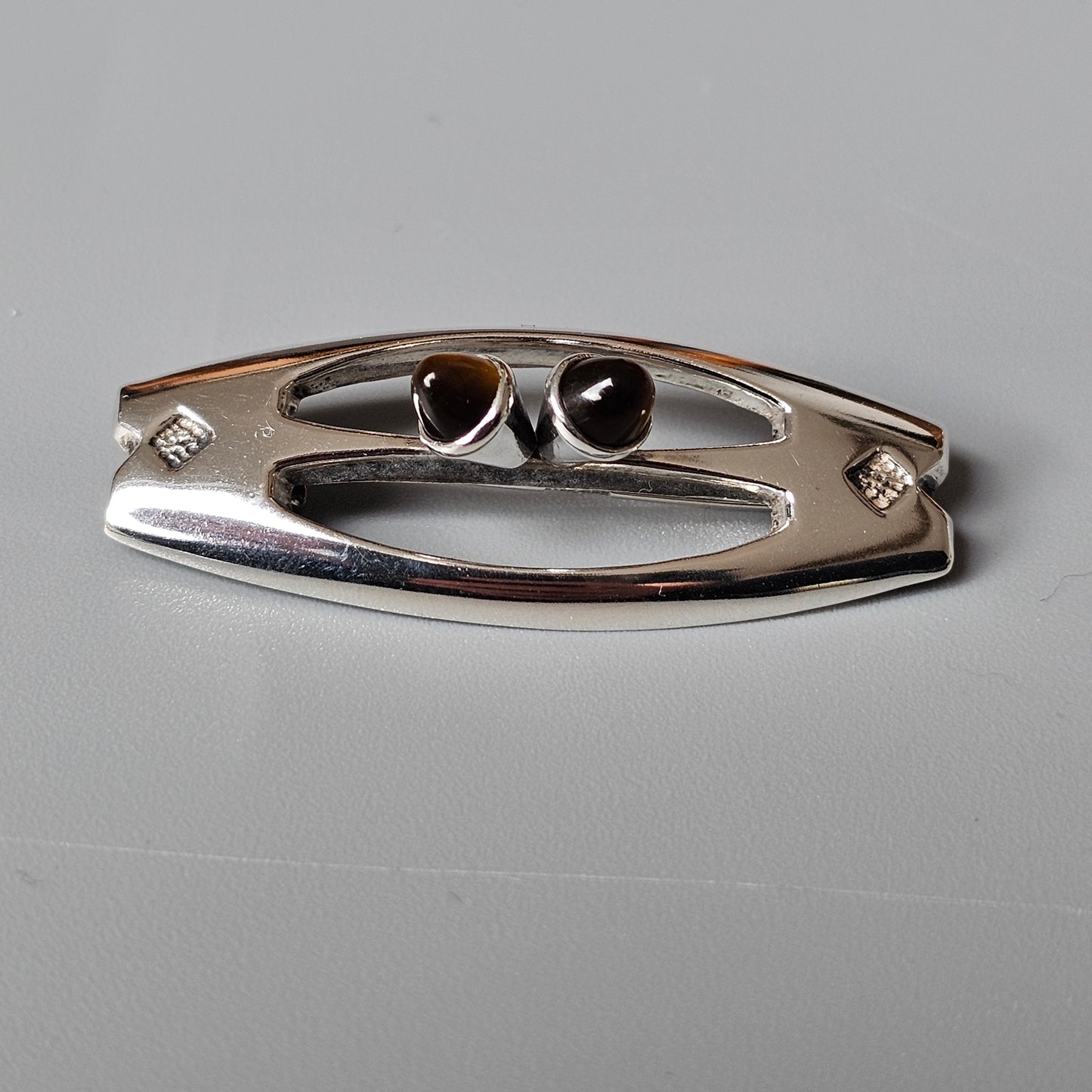 Vintage Finnish Silver & Tigers Eye Brooch Made In Finland 1960s 1970s