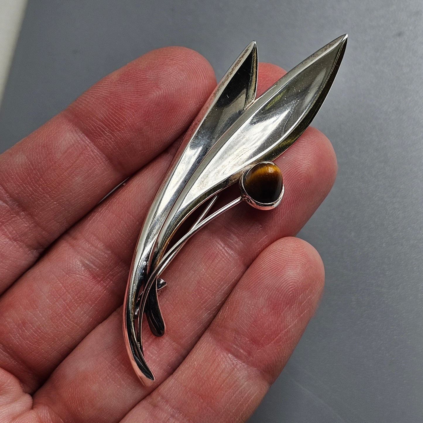 Vintage 60s Modernist Silver Tiger's Eye Flower Brooch Elis Kauppi Kupittaan Kulta 1966