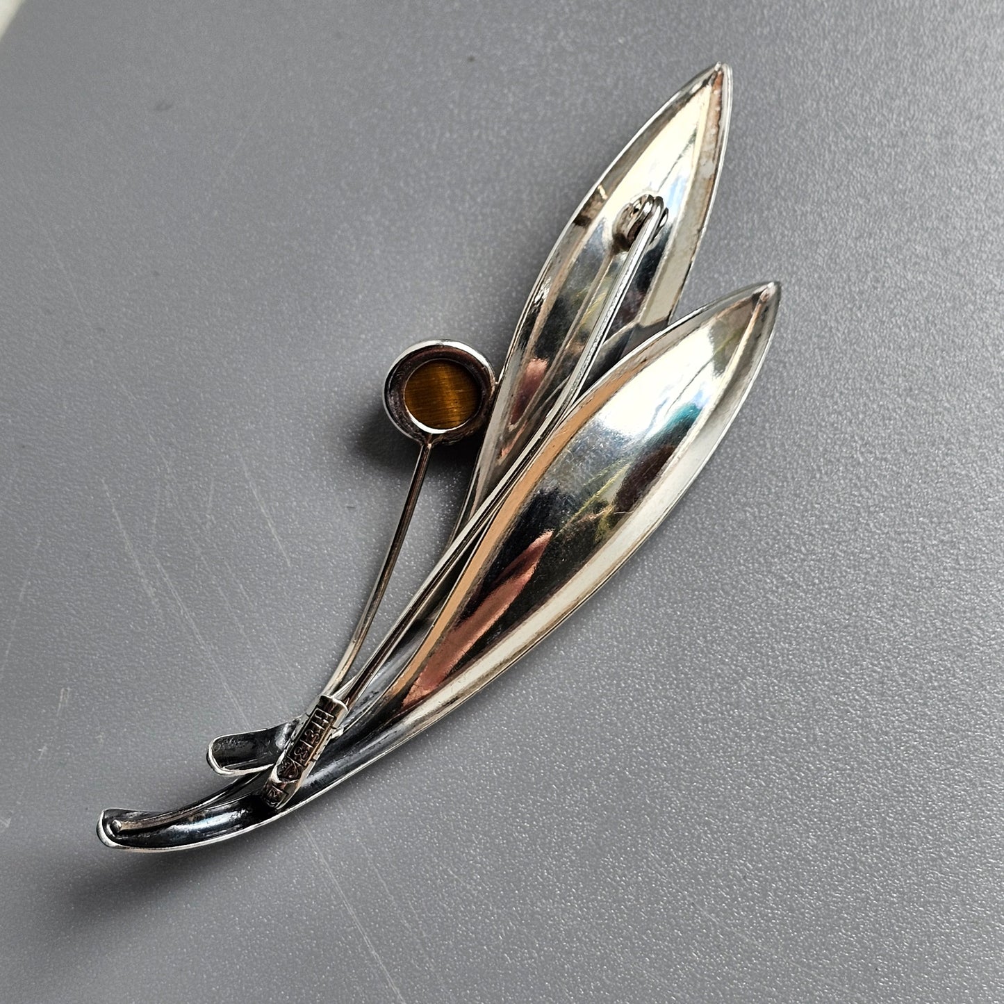 Vintage 60s Modernist Silver Tiger's Eye Flower Brooch Elis Kauppi Kupittaan Kulta 1966