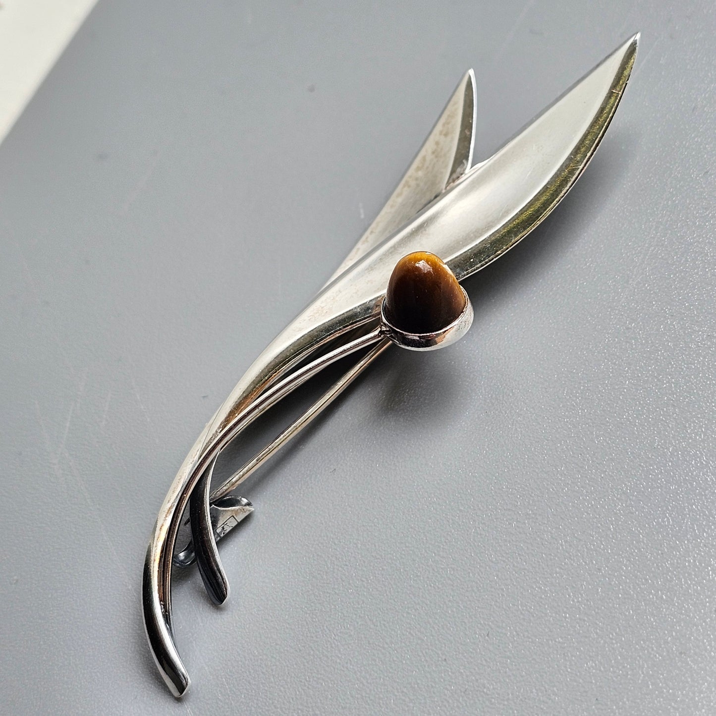 Vintage 60s Modernist Silver Tiger's Eye Flower Brooch Elis Kauppi Kupittaan Kulta 1966