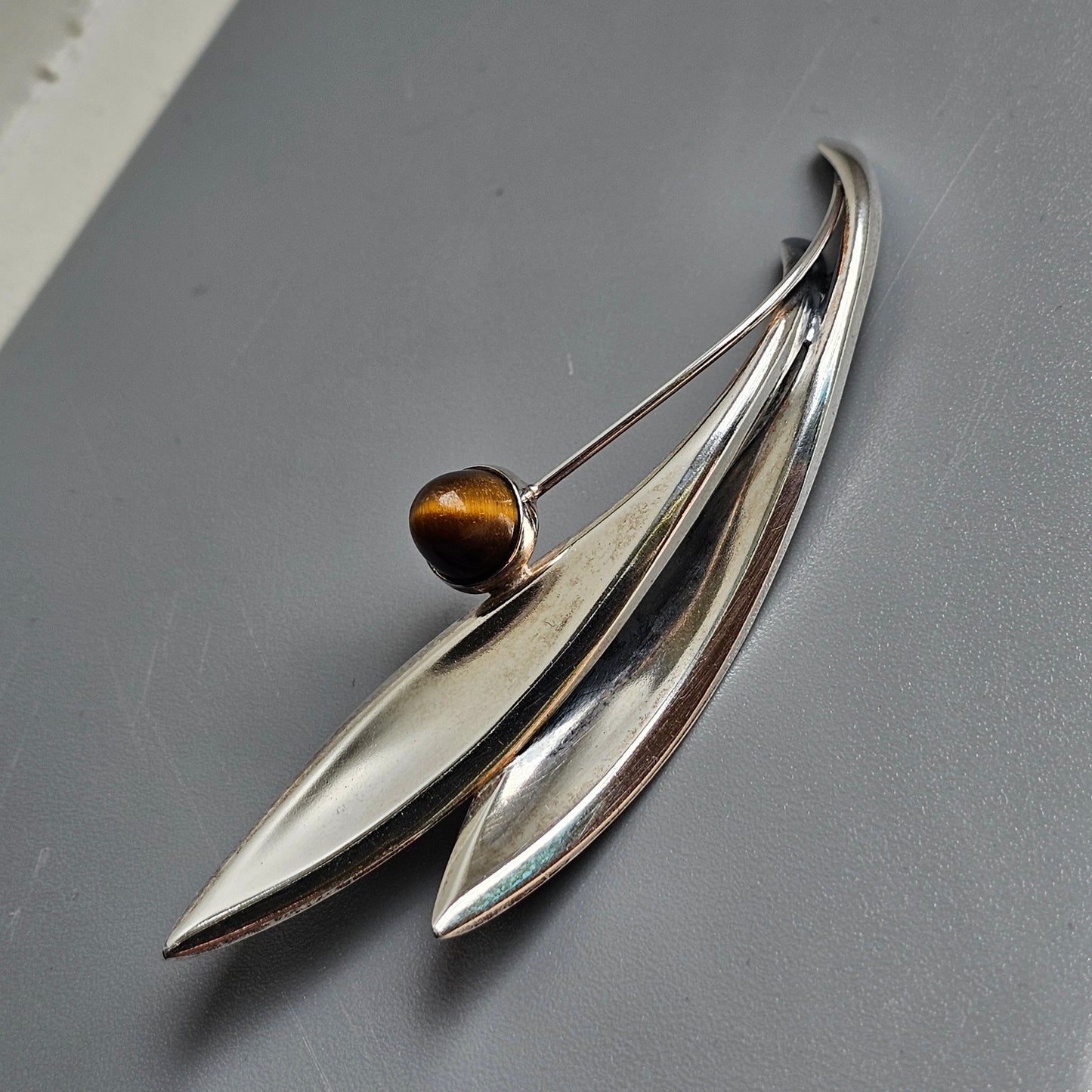 Vintage 60s Modernist Silver Tiger's Eye Flower Brooch Elis Kauppi Kupittaan Kulta 1966