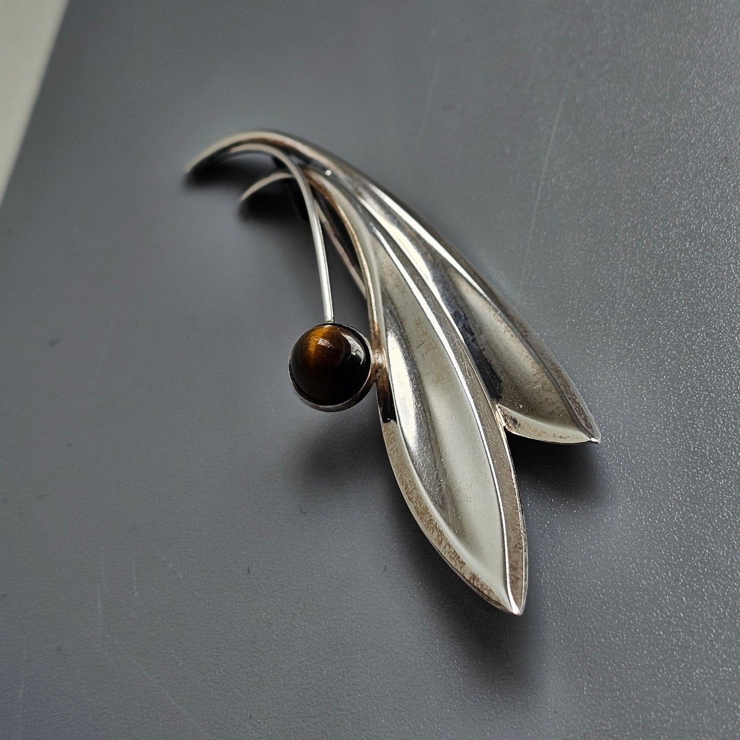Vintage 60s Modernist Silver Tiger's Eye Flower Brooch Elis Kauppi Kupittaan Kulta 1966
