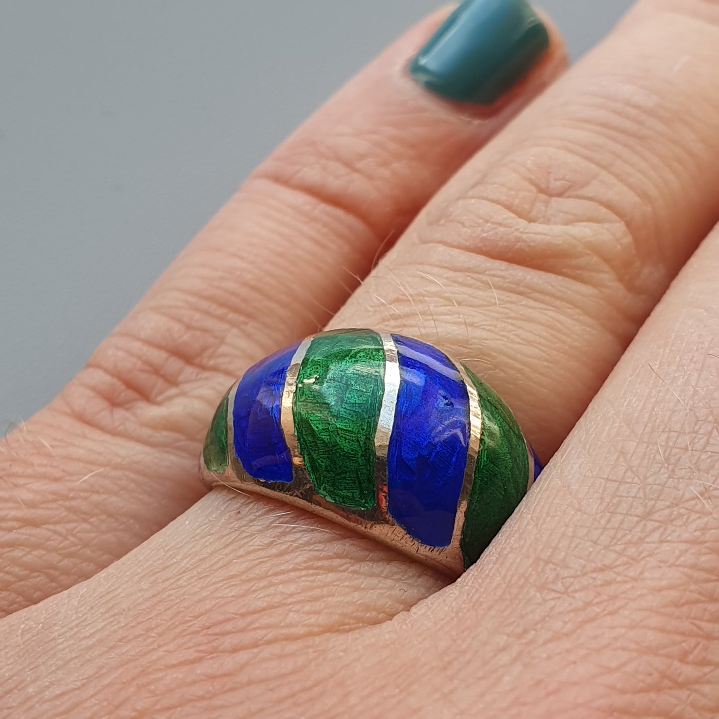 Vintage Sterling Silver, Green & Blue Enamel Ring