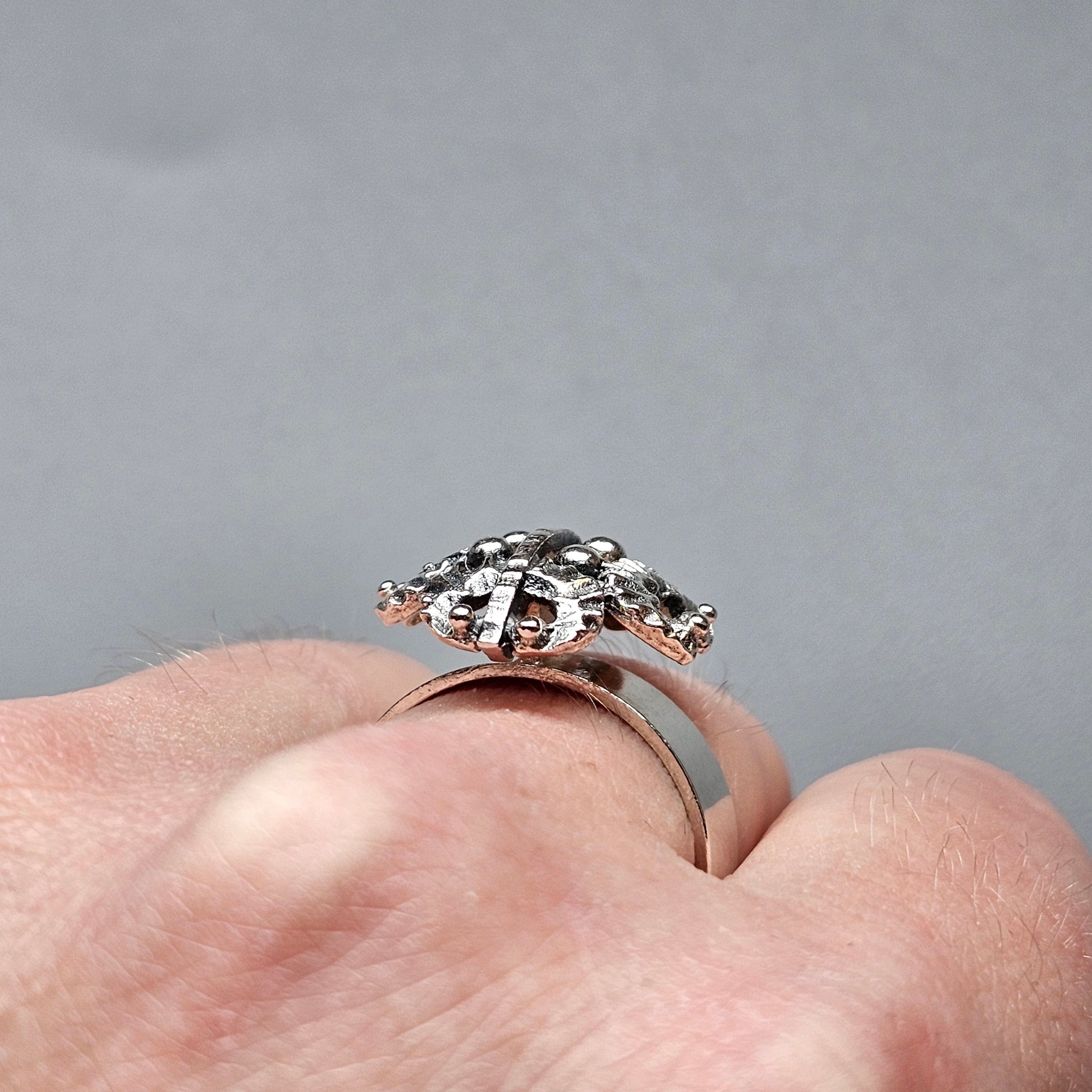 Silver ring featuring an intricate turtle-shaped design on top.