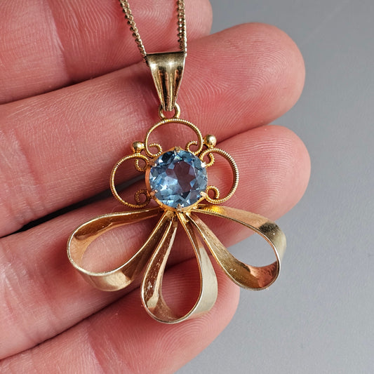 1950s Finnish Art Deco Style Gold Plated Silver & Blue Glass Necklace Pendant 1951