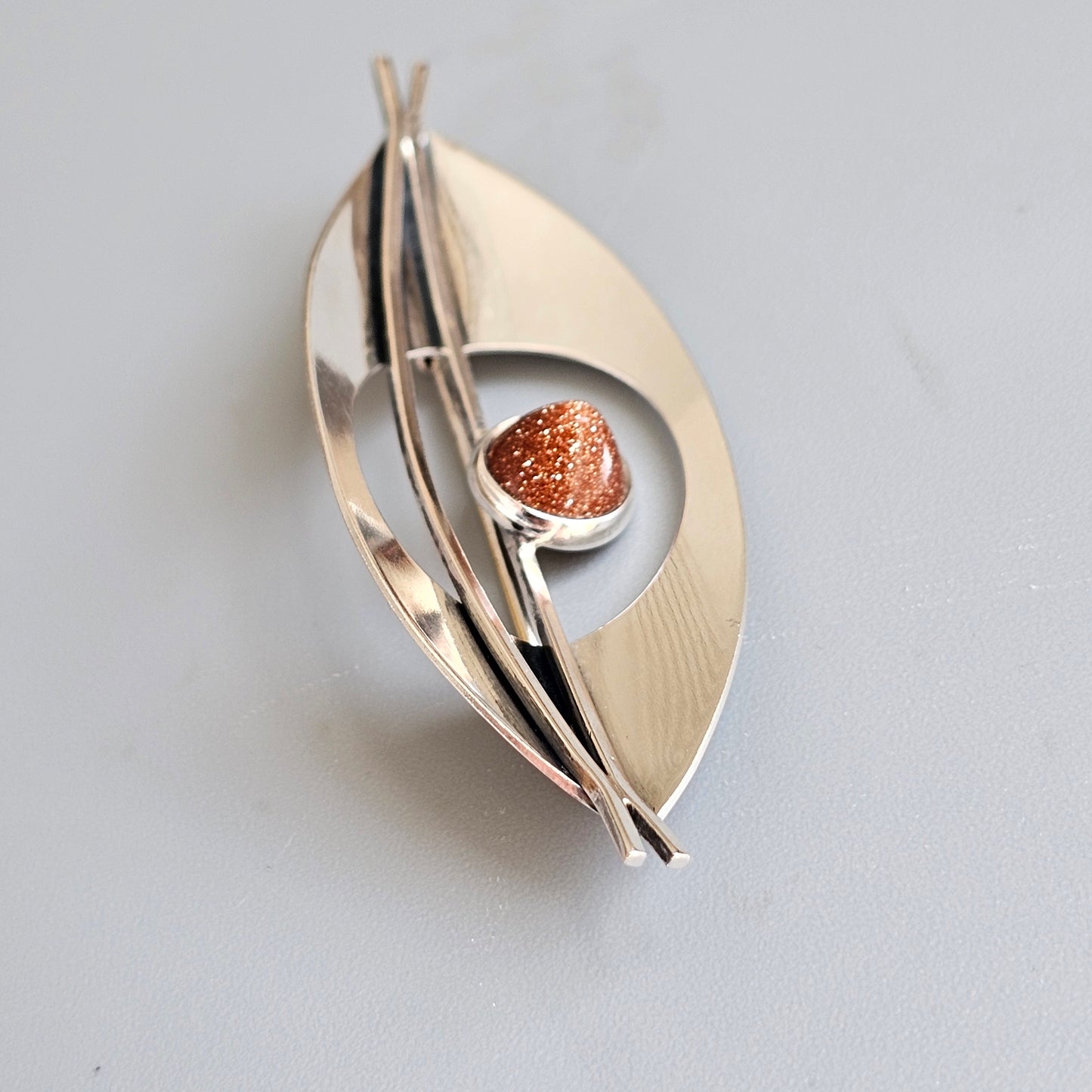 Vintage 1960s Finnish Modernist Silver Brooch with Goldstone by Elis Kauppi, Kupittaan Kulta Hallmarked 1962