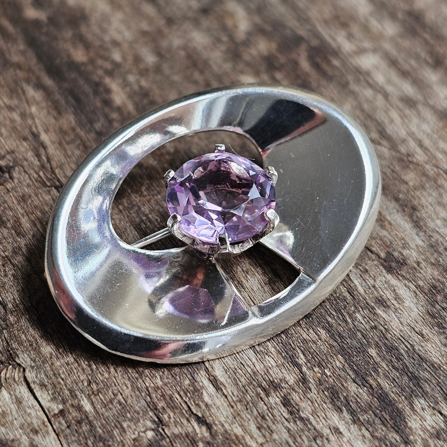 1960s Finnish Modernist Silver Space Age Brooch with Amethyst – Martti Viikinniemi 1964