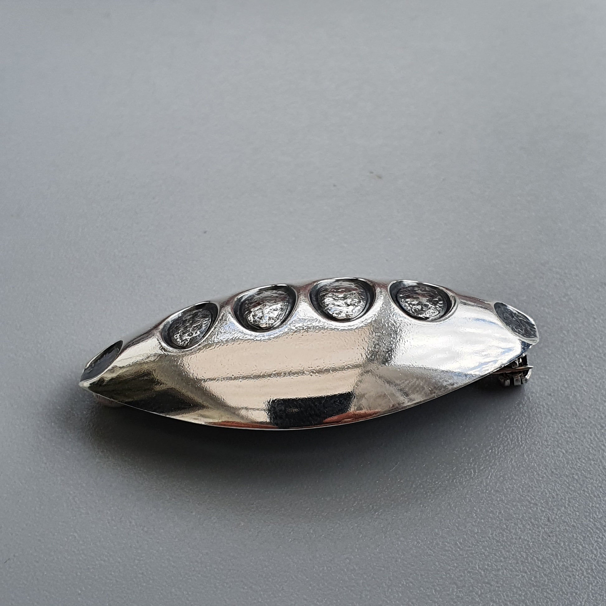 Silver metallic pod-shaped object with circular indentations along its surface.