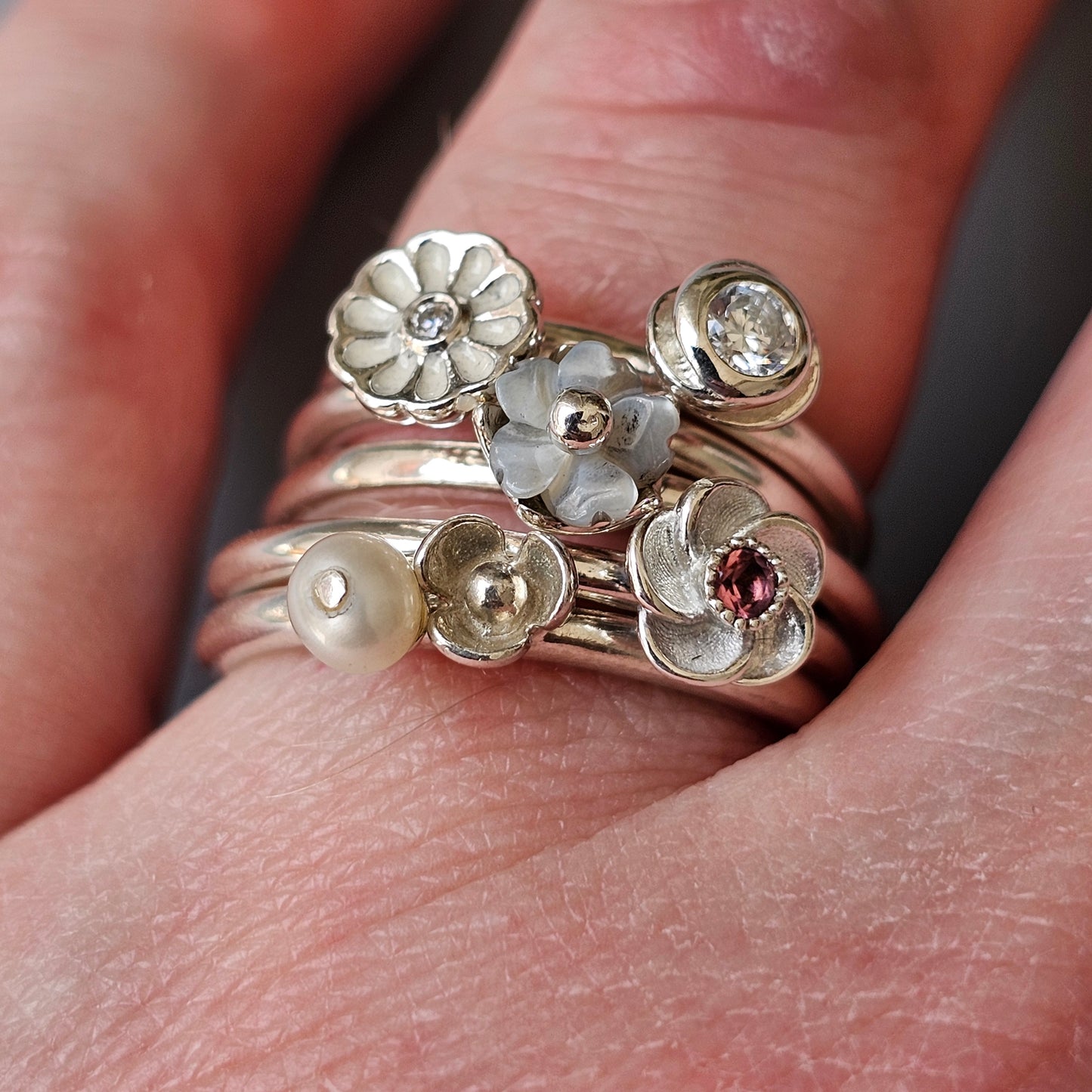 Spinning Danish 925 Sterling Silver Flower & Pink Stone Stacking Ring SPJ Hans Henrik Nygaard