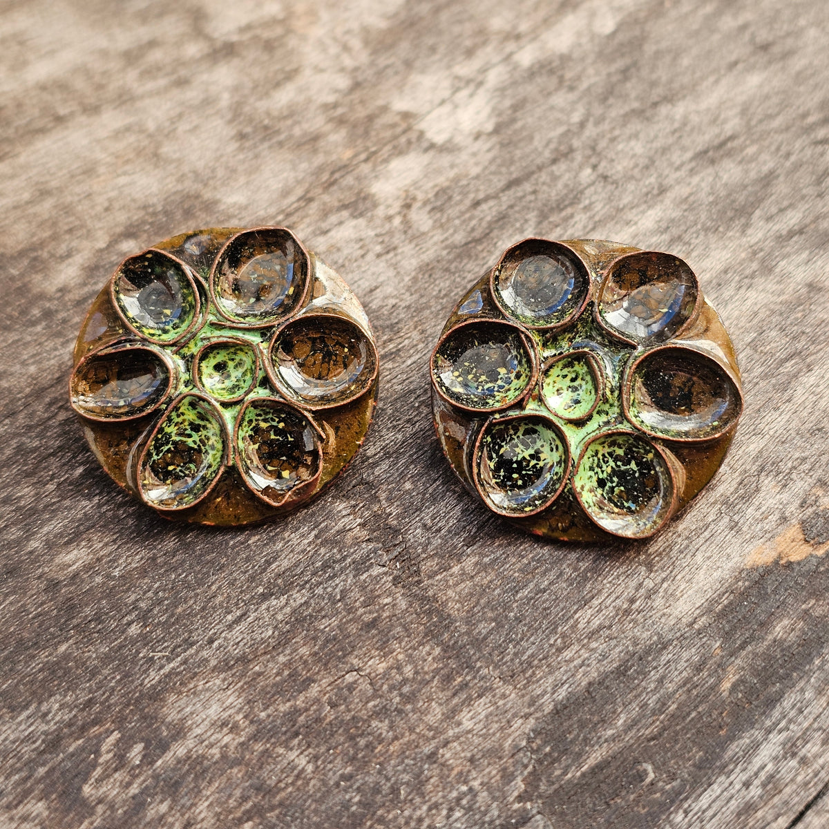 Vintage 1970s Anja Mäkinen Finnish Modernist Green Enamel Copper Clip On Earrings