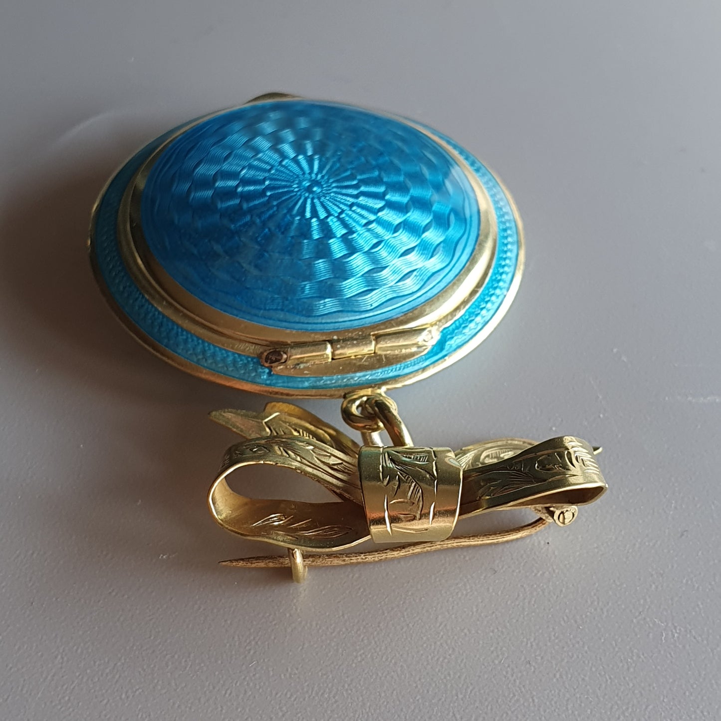 1920s Blue Guilloche Silver & Enamel Powder Compact Pendant Brooch - Refurbished