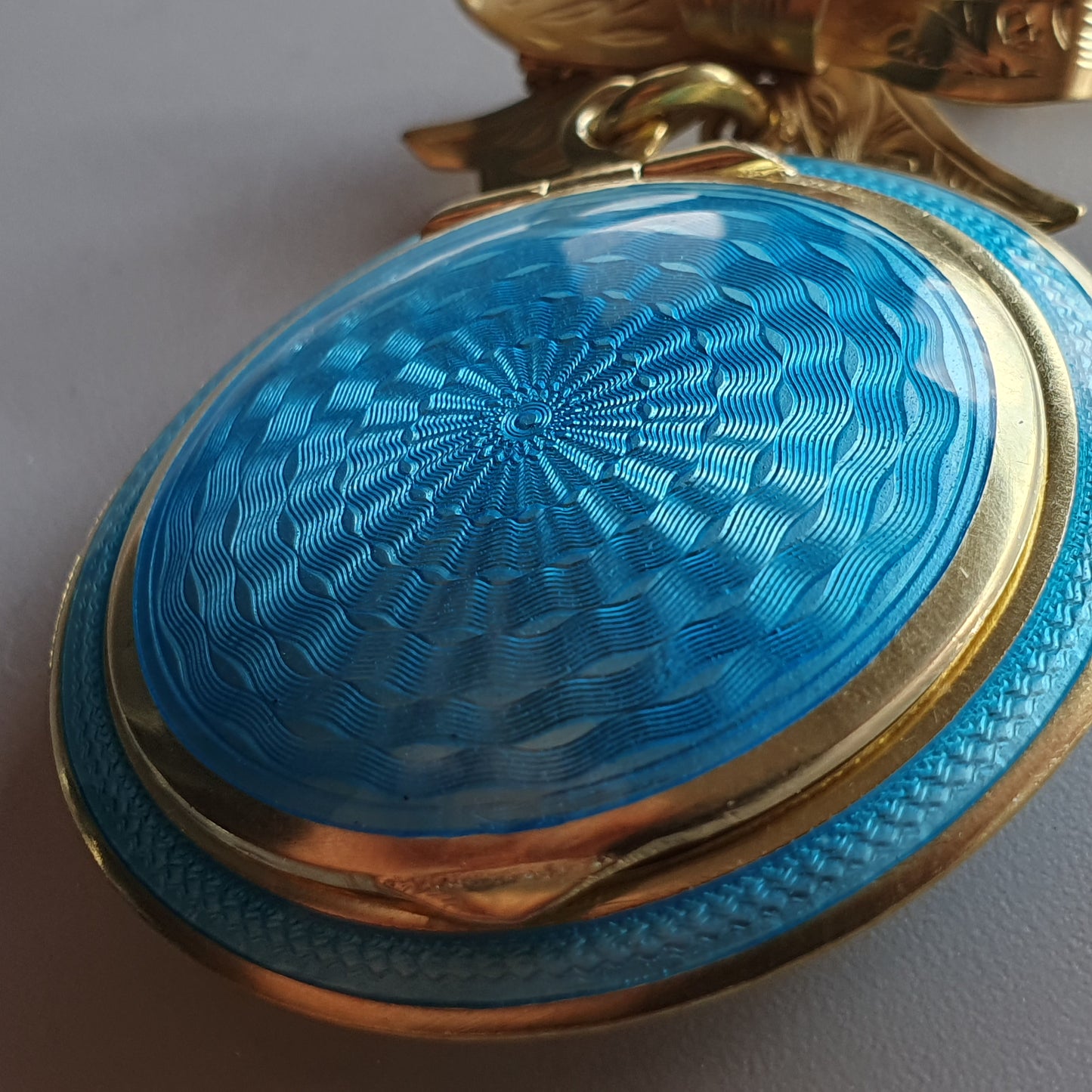 1920s Blue Guilloche Silver & Enamel Powder Compact Pendant Brooch - Refurbished