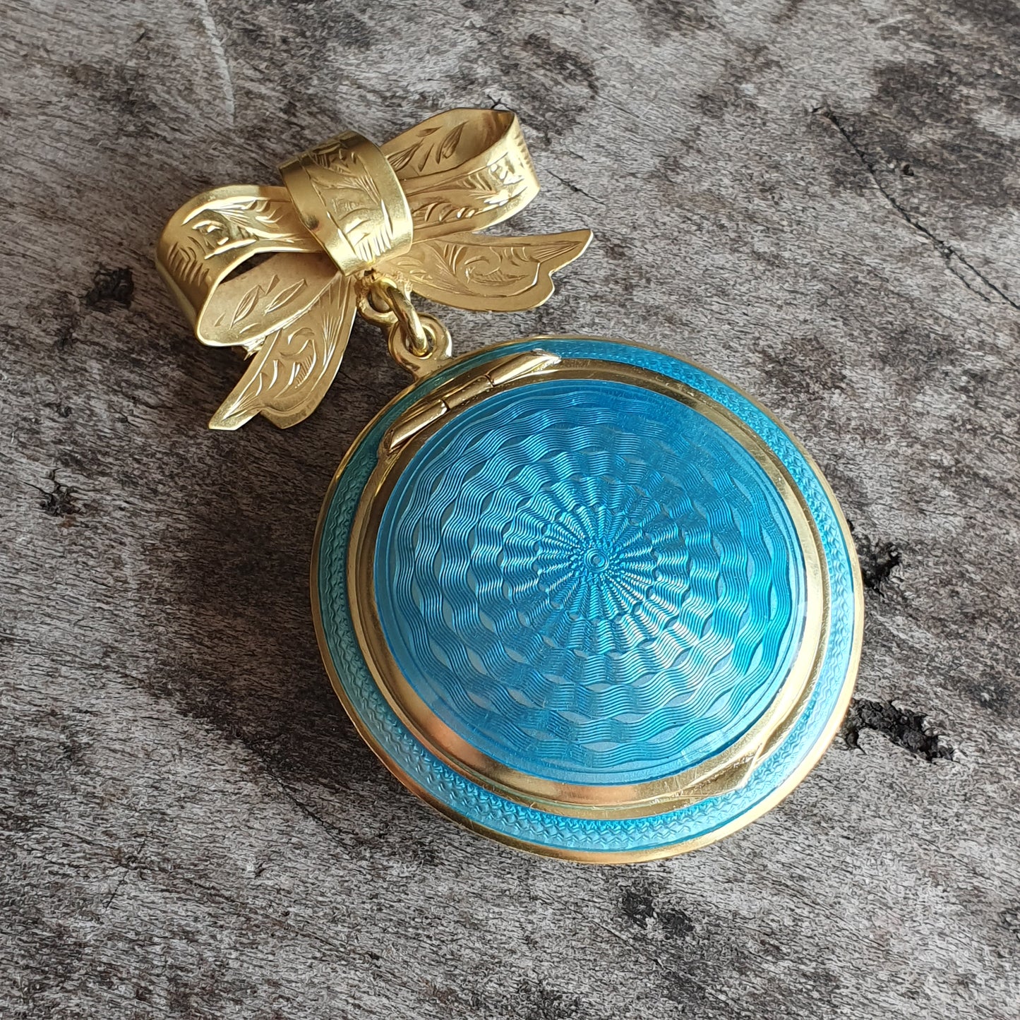 1920s Blue Guilloche Silver & Enamel Powder Compact Pendant Brooch - Refurbished