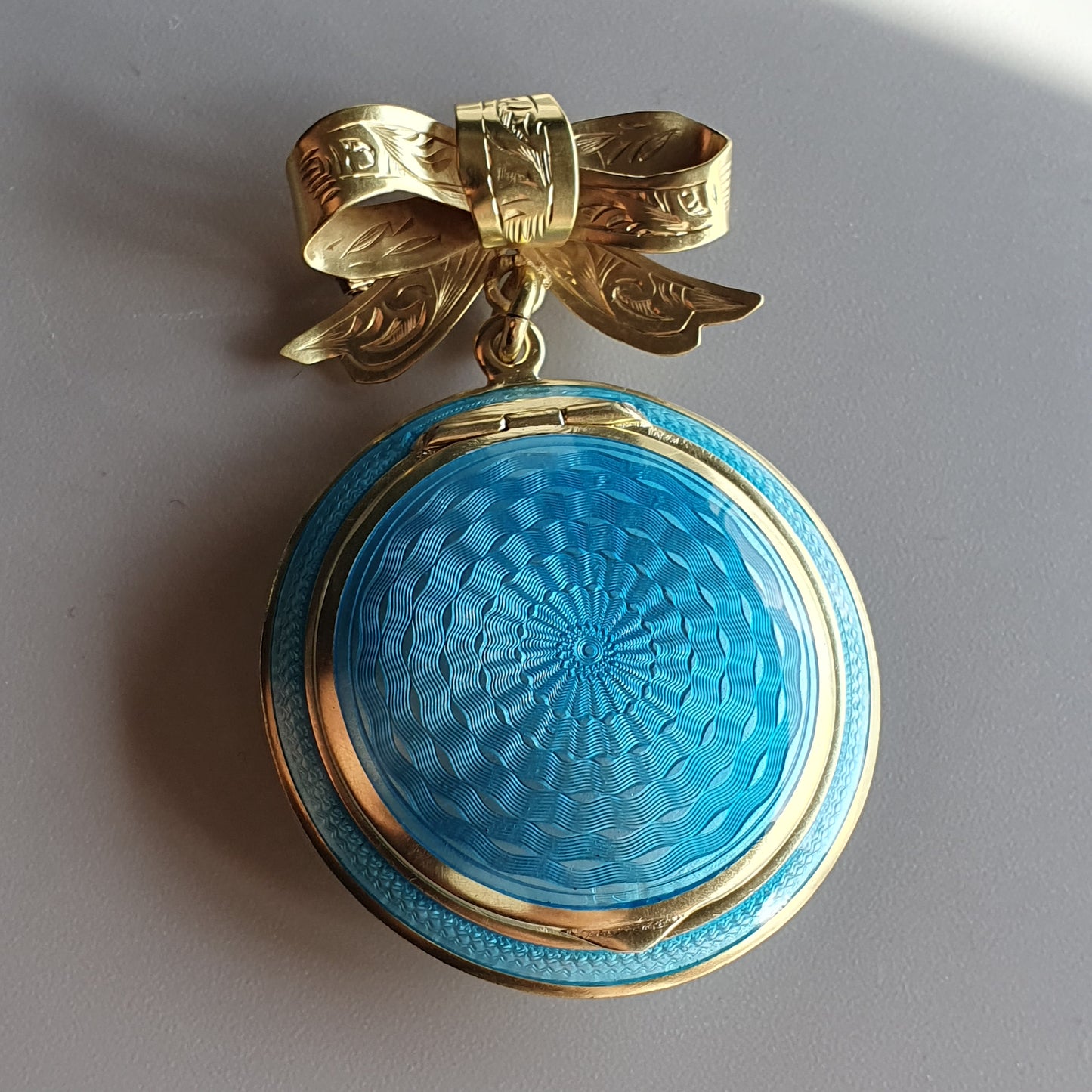 1920s Blue Guilloche Silver & Enamel Powder Compact Pendant Brooch - Refurbished