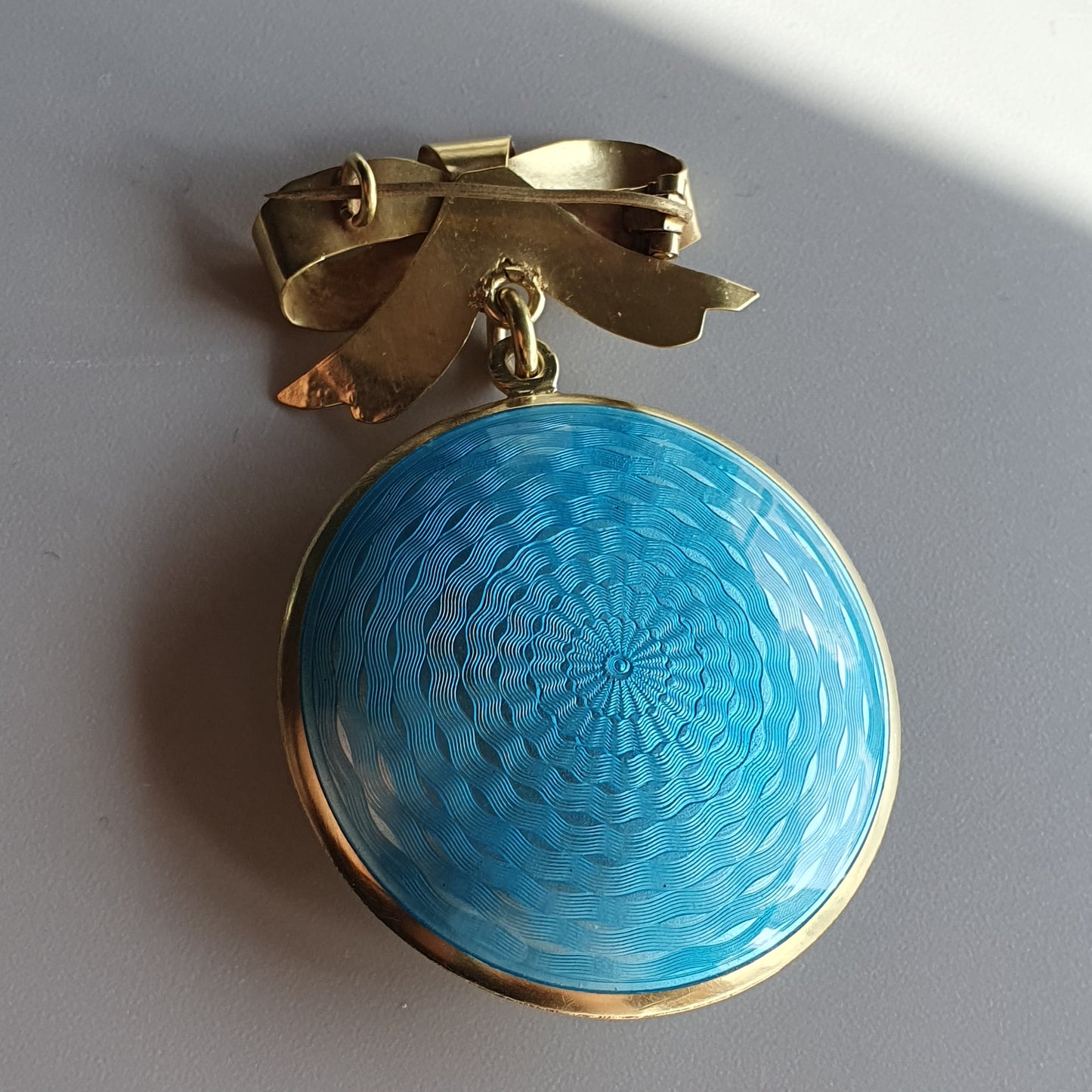 1920s Blue Guilloche Silver & Enamel Powder Compact Pendant Brooch - Refurbished