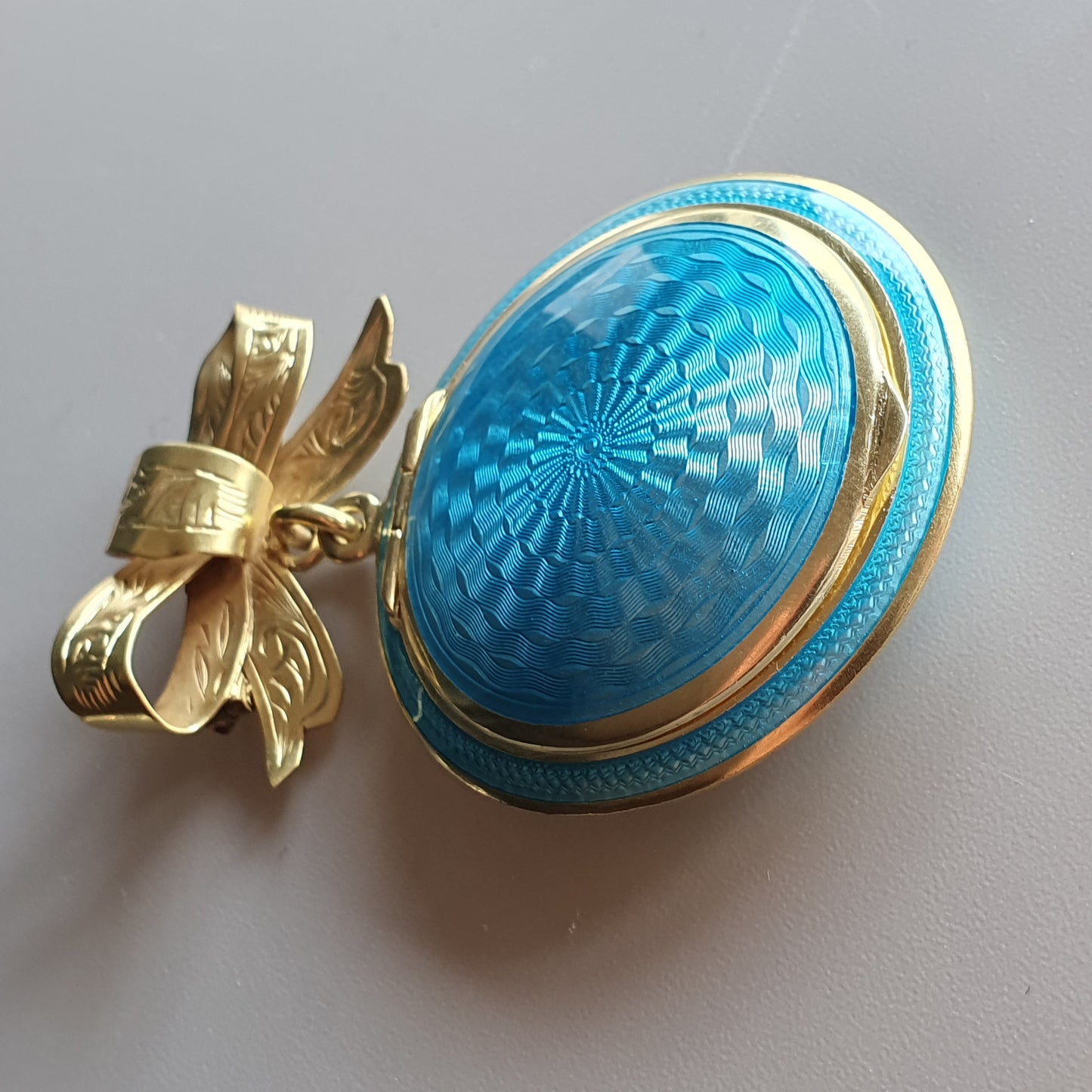 1920s Blue Guilloche Silver & Enamel Powder Compact Pendant Brooch - Refurbished