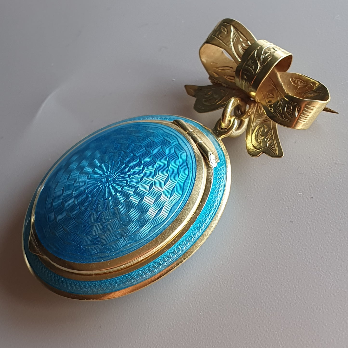 1920s Blue Guilloche Silver & Enamel Powder Compact Pendant Brooch - Refurbished