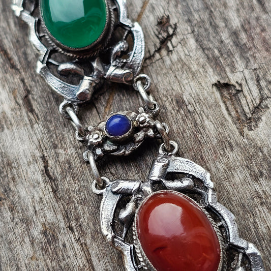 Antique Arts & Crafts Era Sterling Silver, Agate & Lapis Cabochon Stone Bracelet by Zoltan White