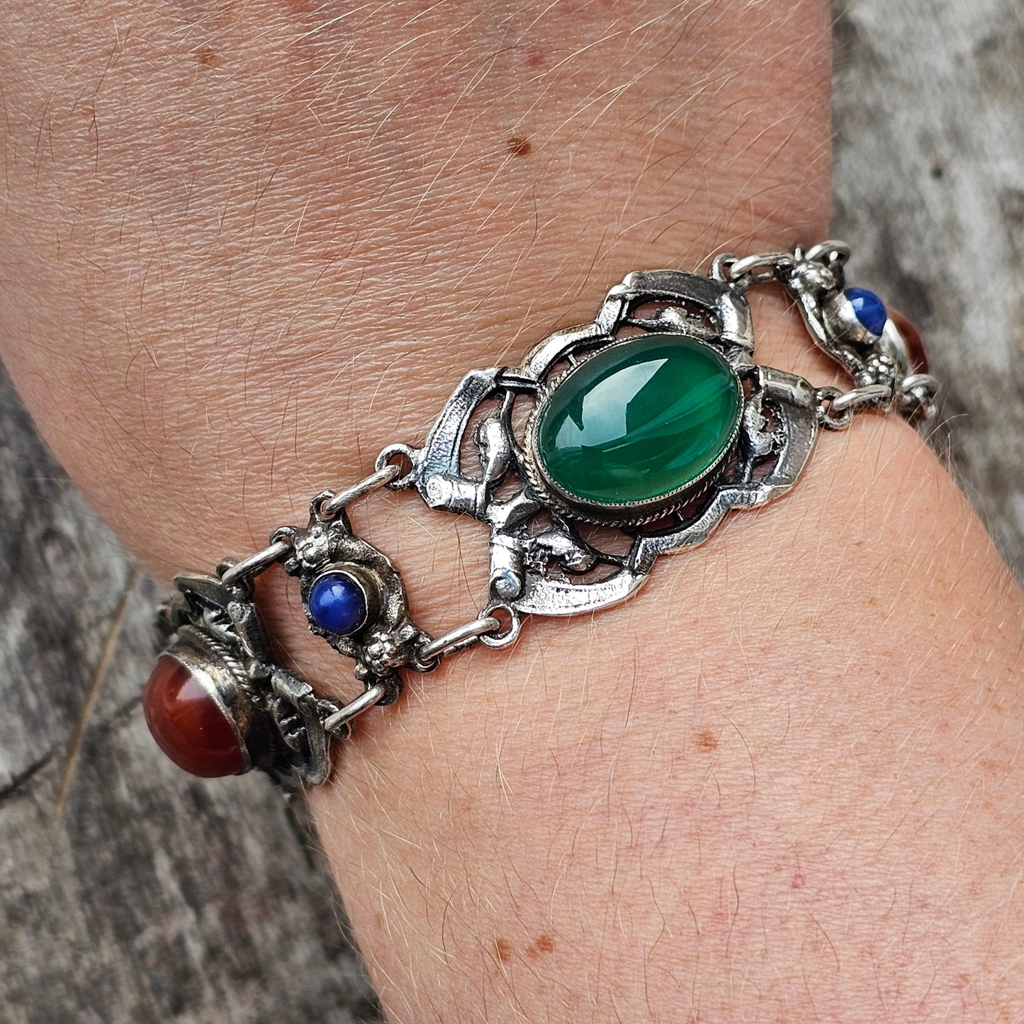 Antique Arts & Crafts Era Sterling Silver, Agate & Lapis Cabochon Stone Bracelet by Zoltan White