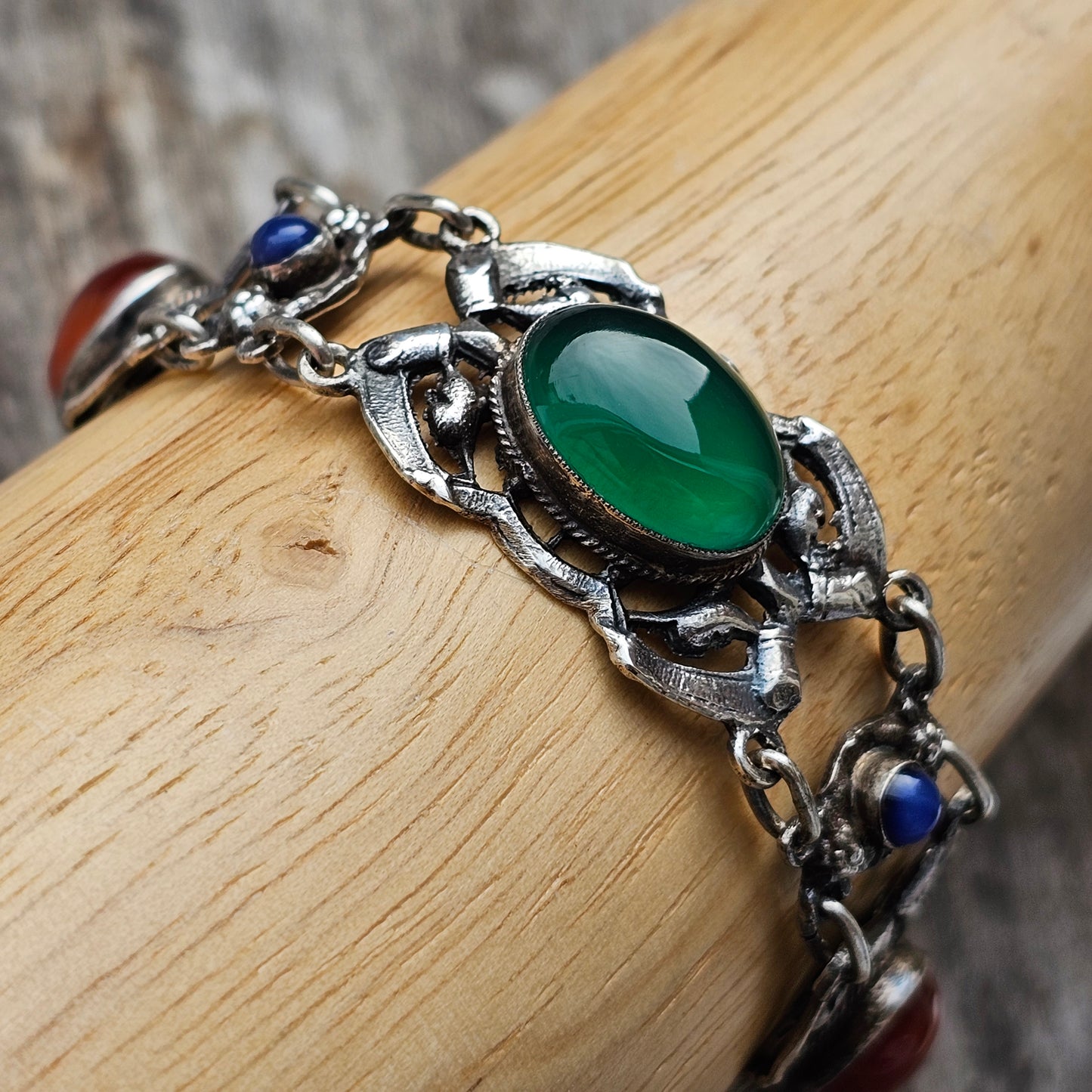 Antique Arts & Crafts Era Sterling Silver, Agate & Lapis Cabochon Stone Bracelet by Zoltan White