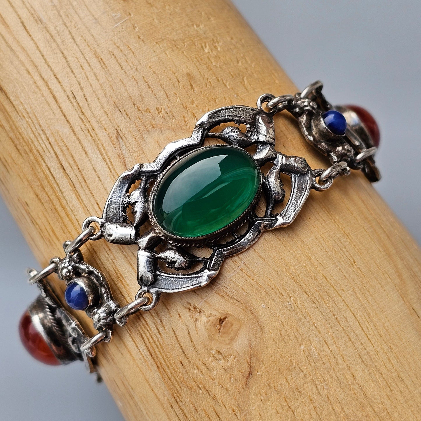 Antique Arts & Crafts Era Sterling Silver, Agate & Lapis Cabochon Stone Bracelet by Zoltan White