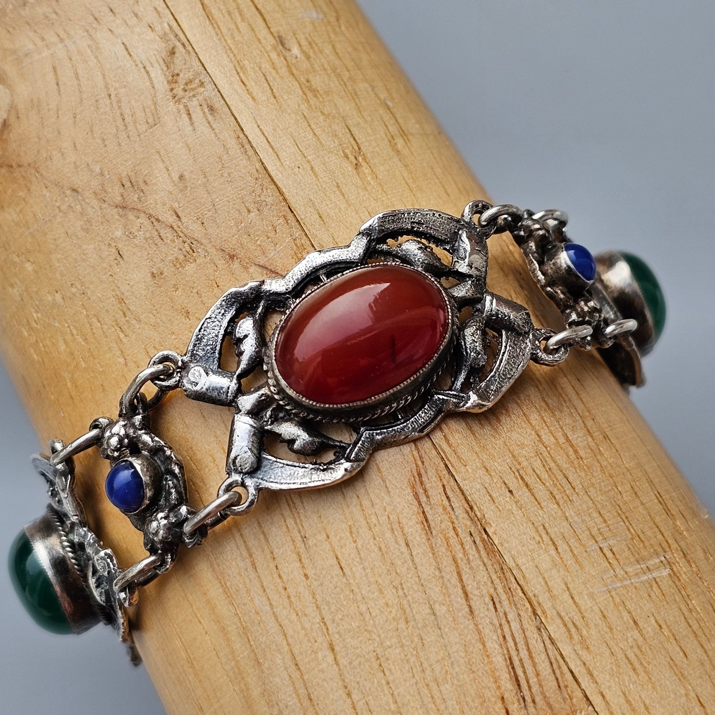 Antique Arts & Crafts Era Sterling Silver, Agate & Lapis Cabochon Stone Bracelet by Zoltan White